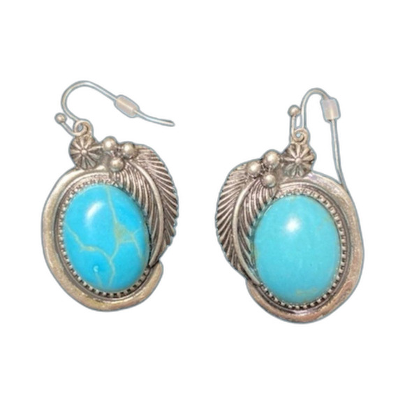 Turquoise and Silver Feather Framed Statement Earrings - Picture 1 of 6